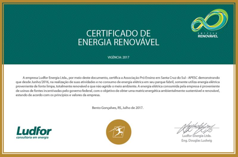 Apesc recebe certificado de energia renovável